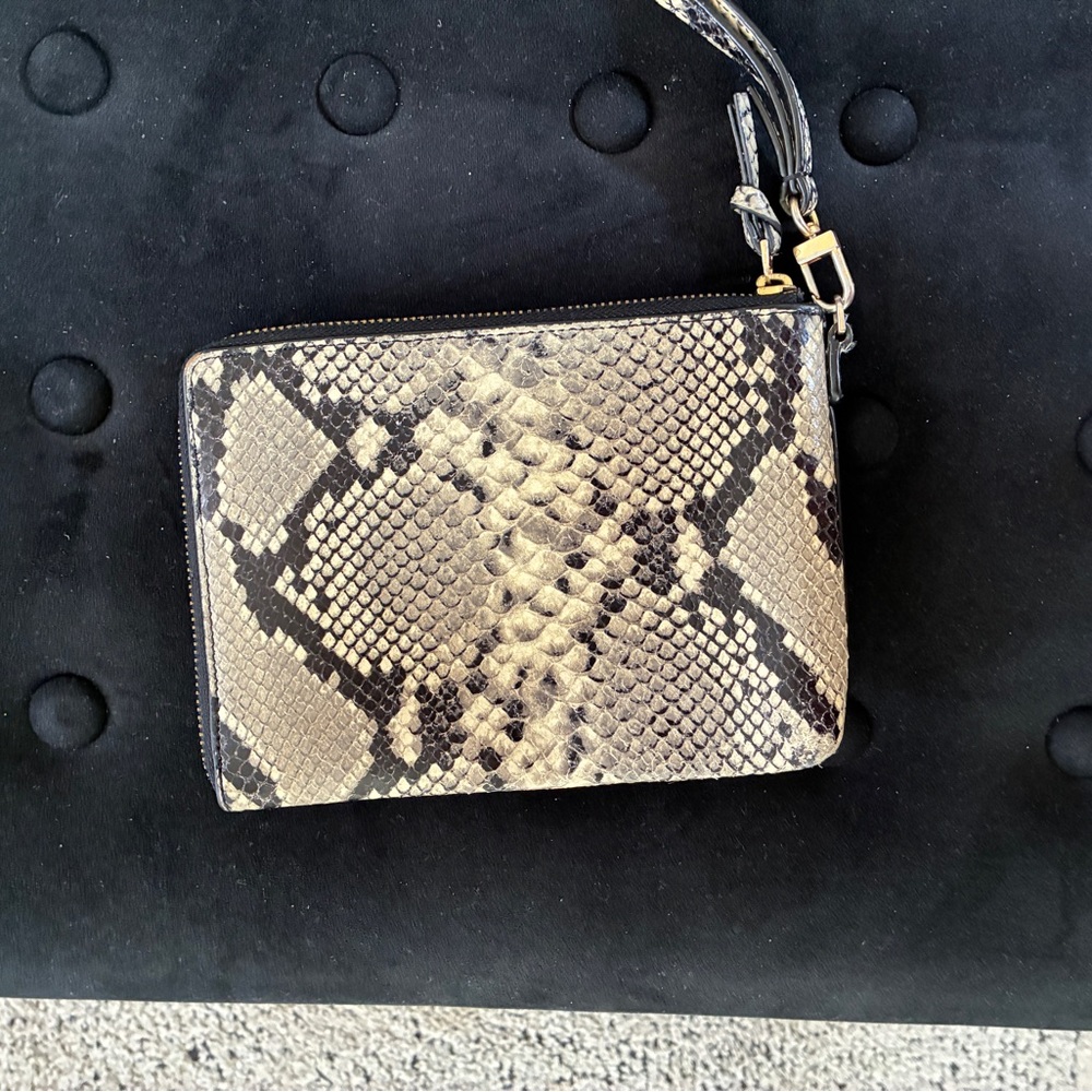 Tory Burch Gold-Logo Python-Print Zip Wallet In B… - image 3